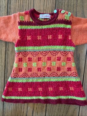 Clayeux Orange, Red & Lime Patterned Knit Kids Sweater Dress Made in France
